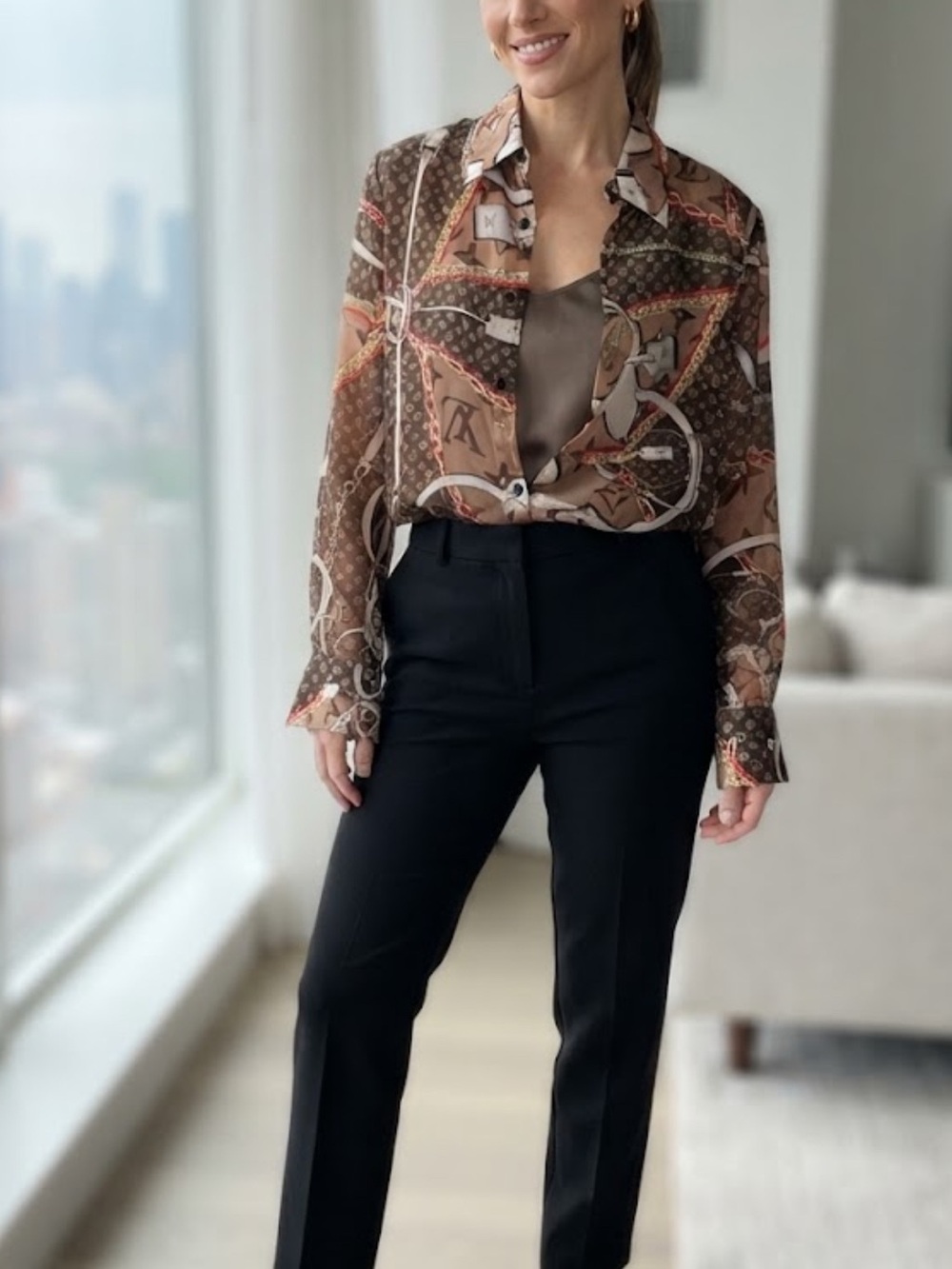 New Brown sheer Patterned Button-Down Shirt with Chain & Equestrian Motif